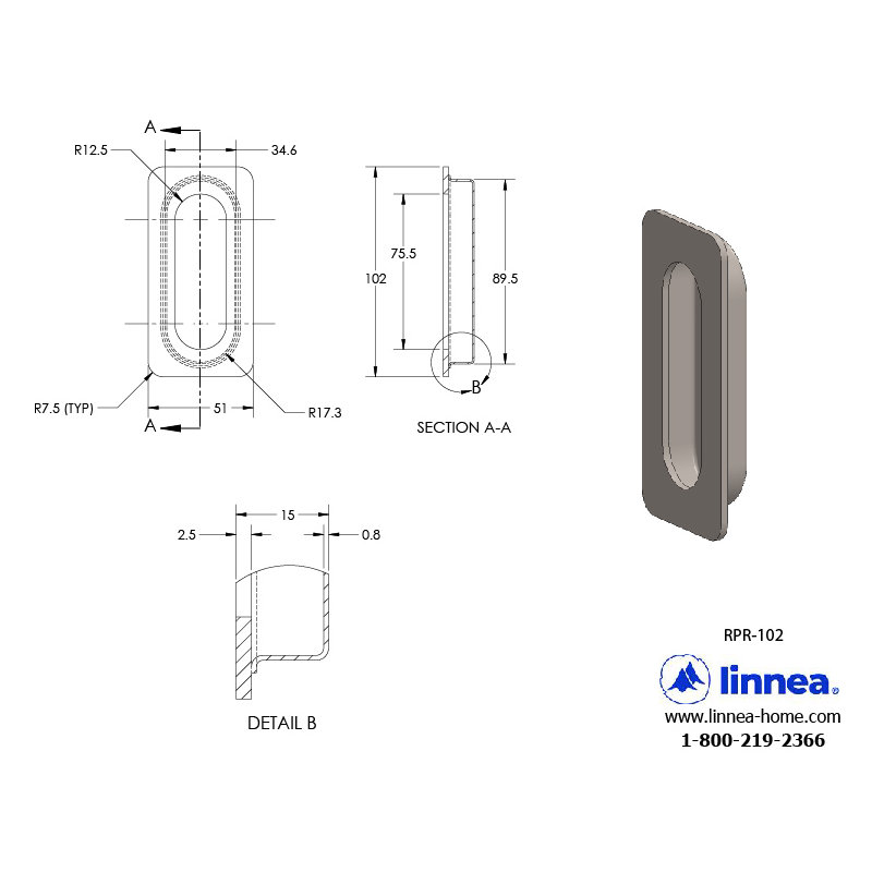 Recessed Pull Plate, Satin Stainless Steel, 4.01" H x 2" W x 1" D