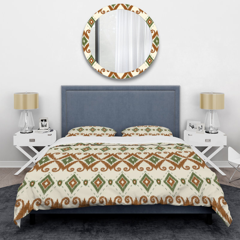 Ensemble de housse de couette à motif tribal vert et brun Ikat, Housse de couette simple + 1 taie décorative stan