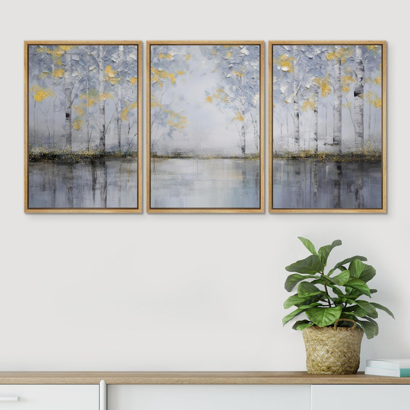 Birch Tree " Winter's Breath Snowy Birch Chilled Forest Landscape Illustration Modern Artwork Ultra " 3 - Pieces, Naturel