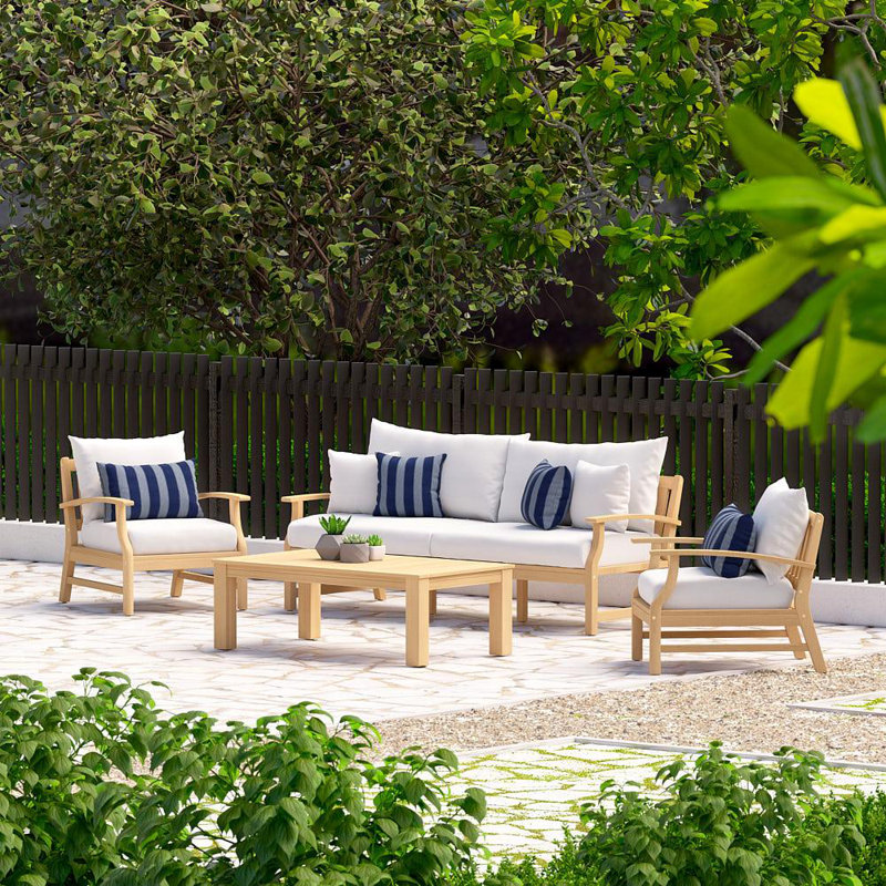 Paulet 4 Piece Sofa Seating Seating Group With Sunbrella Cushion Covers, Centered Ink Stripe Sunbrella®