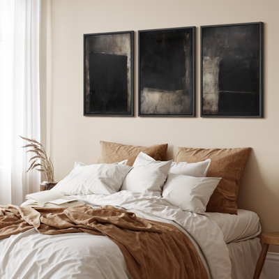 Black Rustic Abstract Triptych Framed Canvas Master Bedroom Wall Art Work 3 Pieces Print