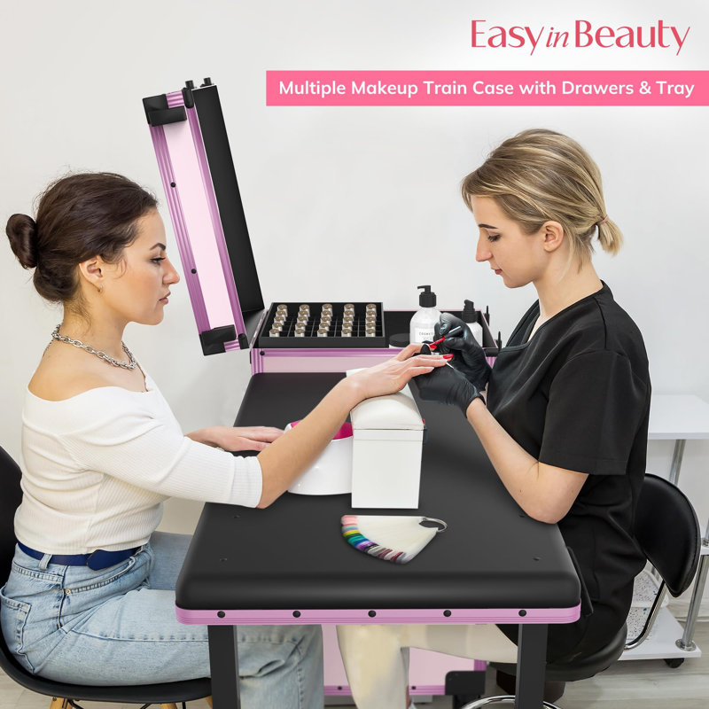 Table de manucure roulante portative avec 3 tiroirs, miroir et organisateur de vernis à ongles, trousse de maquillage verrouillable avec bureau à ongles pliable