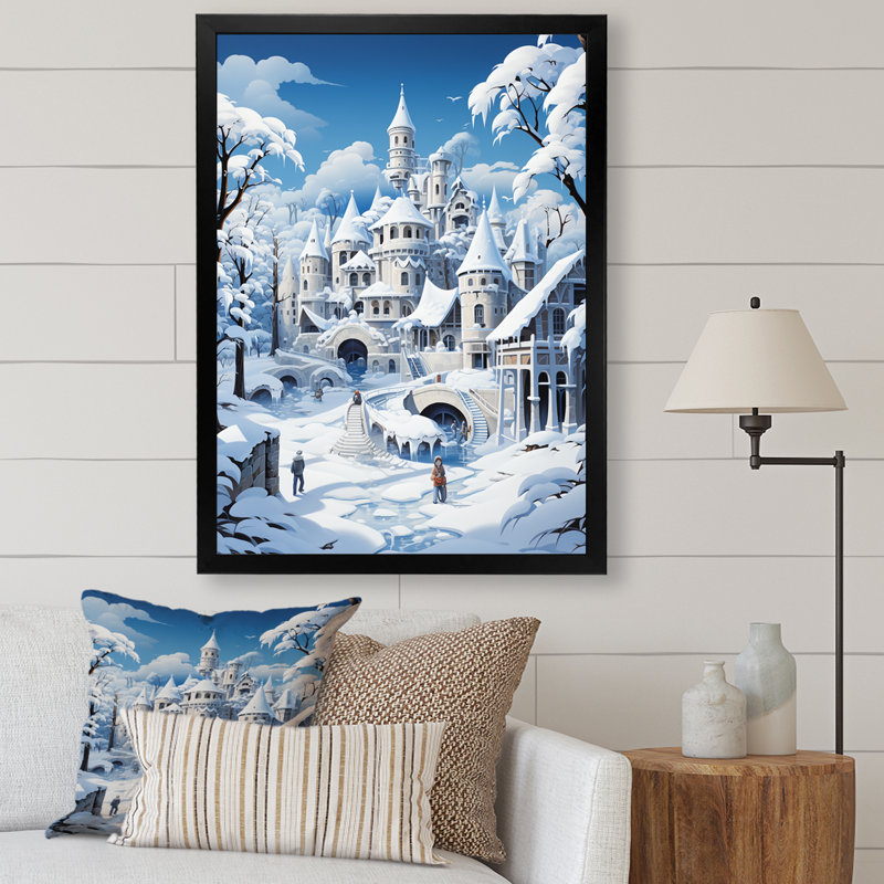 «White Winter Village Landscape I - Forest», art mural, Encadrement doré, H 44 po x l 34 po