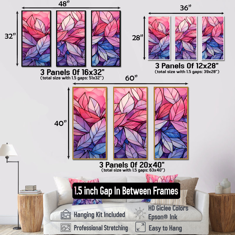 Rose et mauve, plantes tropicales, feuilles II - fuchsia, art mural, Cadre flottant noir, H 28 po x l 36 po x P 1 po