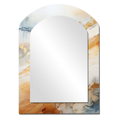 Or et bleu plage sable Fusion III - miroir asymétrique côtier, miroir mural unique arche beige, impression d'art en métal