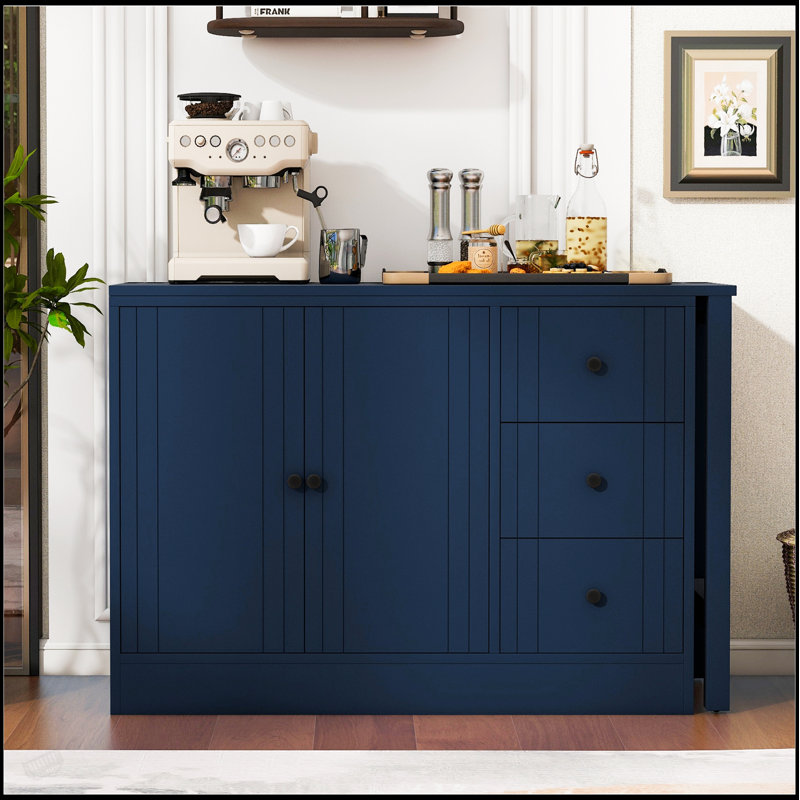 Buffet 89,7 po en bois avec table extensible, armoire de rangement multifonctionnelle avec 2 portes et 3 tiroirs pour différentes pièces