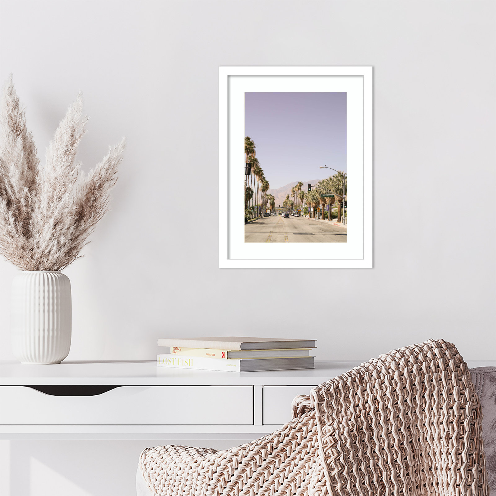 Palm Spring Street by Shot by Clint Wood Framed Wall Art Print, 17" H x 13" W, White
