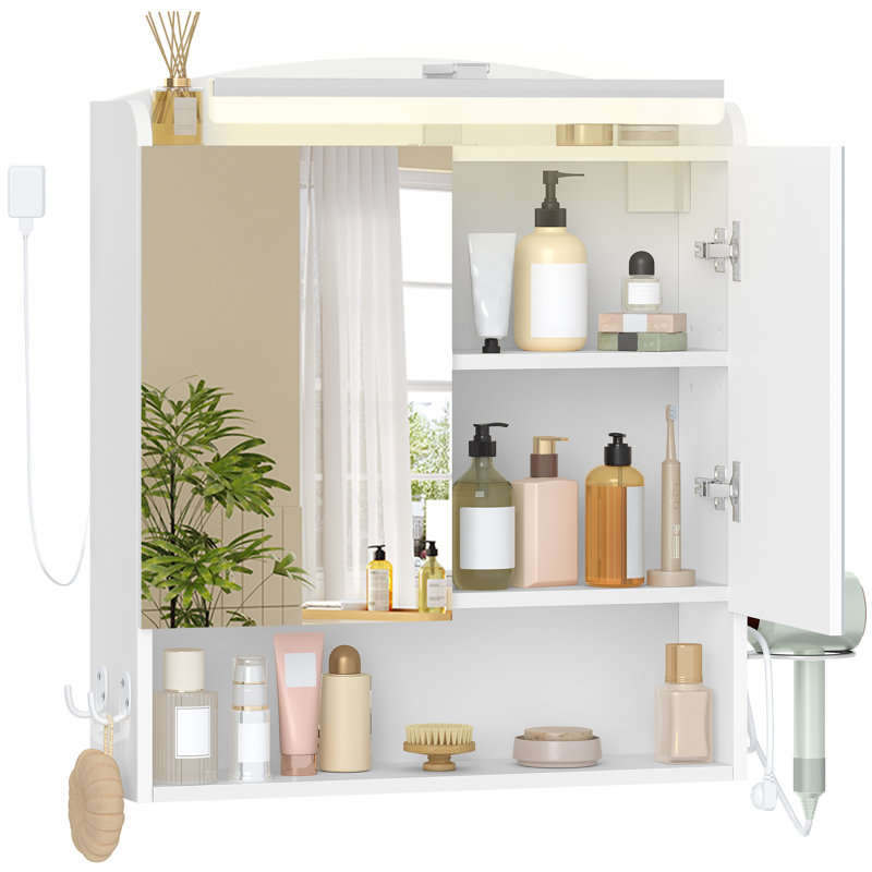 Bathroom Mirror Cabinet with LED Lights, Bathroom Wall Cabinet with Plug, Bathroom Cabinet, 2 Doors and Open Storage, Adjustable Shelf, Hair Dryer Holder and Hooks, Modern