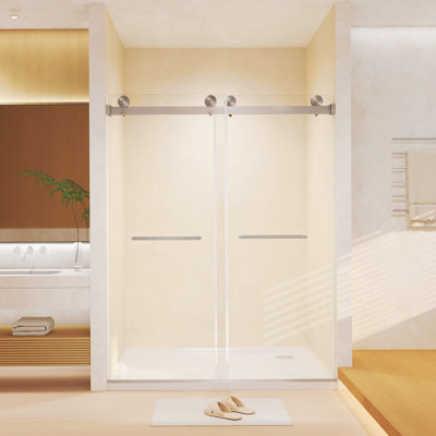 Frameless Double Sliding Shower Door 44-48 "W X 74" H, 5/16 "(8Mm) Tempered Glass, Explosion Proof Film, Stainless Steel Handle, Square Tube Track, Brushed Nickel