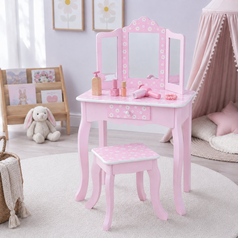 Teamson Kids Hearts Gisele Wood Vanity With Tri-Fold Mirror & Drawer, Pink