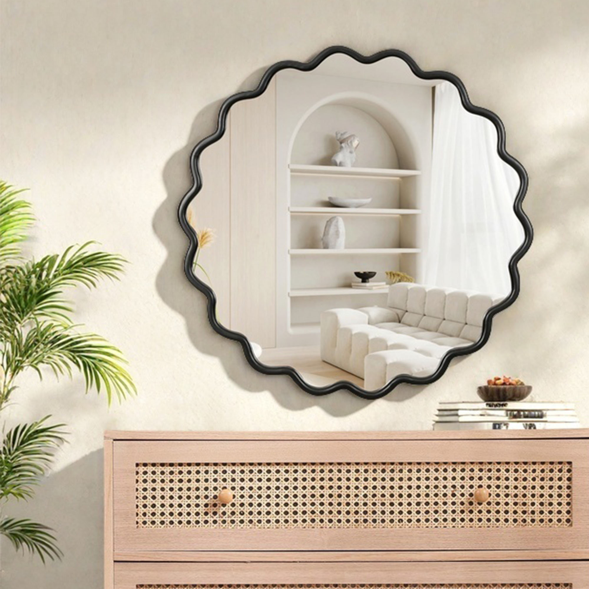 Lark Manor Round Wave Design Bathroom Vanity Mirror With Solid Wood