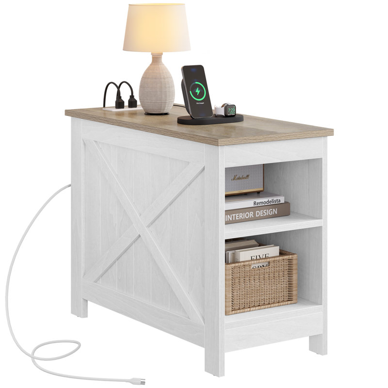 Dmitri 19.9'' tall End Table and Built-In Outlets, White/Oak