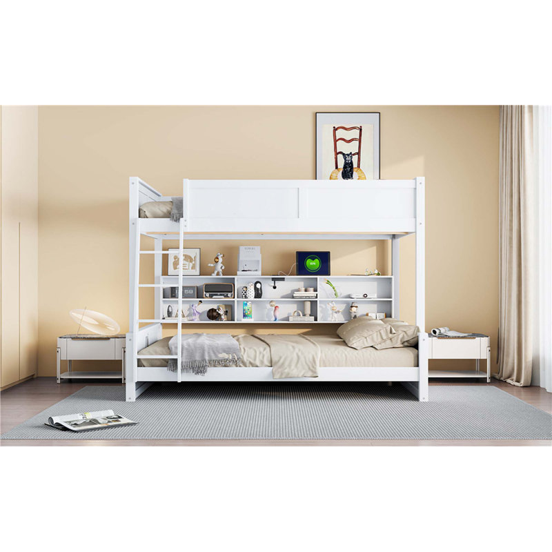 Lit double superposé au-dessus de grand lit double avec armoires de rangement et ports USB, Blanc antique