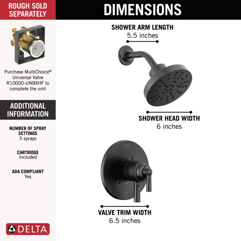 Ensemble de garniture de robinet de douche Saylor 17 Series avec pomme de douche H2Okinetic, système de douche, ensemble de robinet de douche, pomme de douche et poignée, noir mat (valve non incluse)