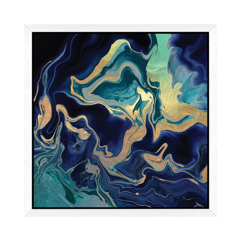Dramaqueen - Gold And Indigo by Monika Strigel - Floater Frame Print on Canvas, White Framed, 66.04 cm H x 66.04 cm W