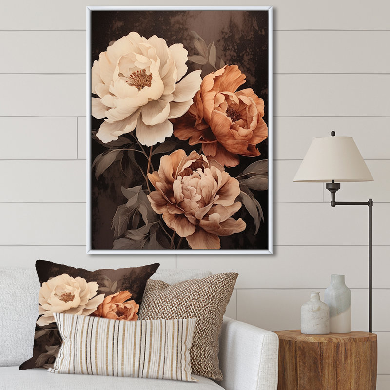 Pivoines botaniques rétro dévoilées II sur toile, Cadre flottant blanc, H 20 po x l 12 po x P 1 po