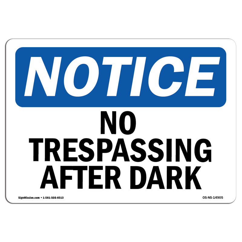 Panneau en plastique 14 po x 10 po No Trespassing After Dark