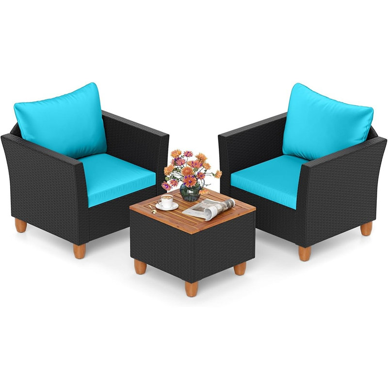 Ensemble de conversation de patio 3 pièces avec table basse de rangement, ensemble de meubles de patio en osier de rotin avec coussins, ensemble de canapé d'extérieur en bois d'acacia pour balcon