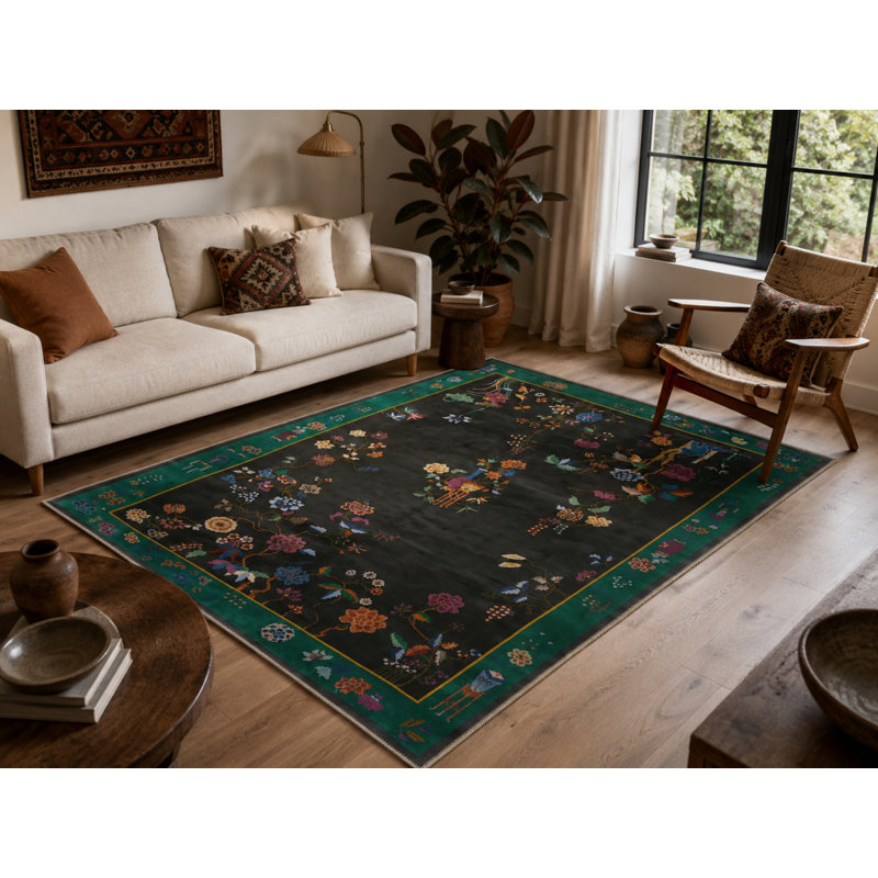 Tapis décoratif noir à motif floral noir, Rectangle 5 pi 2 po x 7 pi 7 po