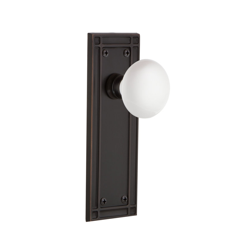 Mission Plate with White Porcelain Door Knob, Timeless Bronze, 2-3/4”