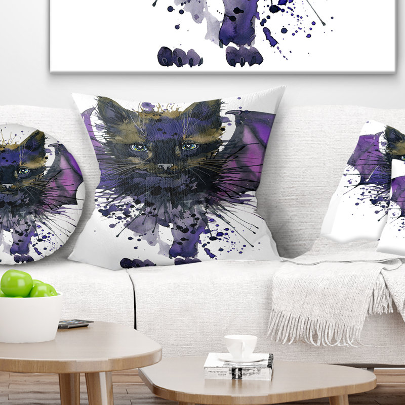 Chat noir avec des ailes bleues - Coussin imprimé animal, 16 po x 1 po, Coussin décoratif