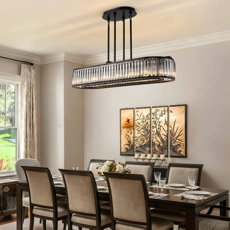 Lustre en cristal à intensité variable 16 lumières 49,6 po Nashrah pour salle à manger ou îlot de cuisine, Noir mat