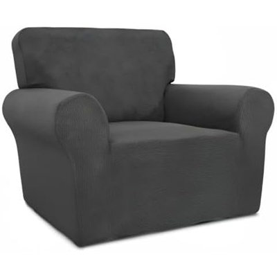 Stretch Jacquard Chair Sofa Slipcover – Soft Spandex Furniture Protector with Non-Slip Foam & Elastic Bottom, Washable Couch Cover for Kids, Dark Gray