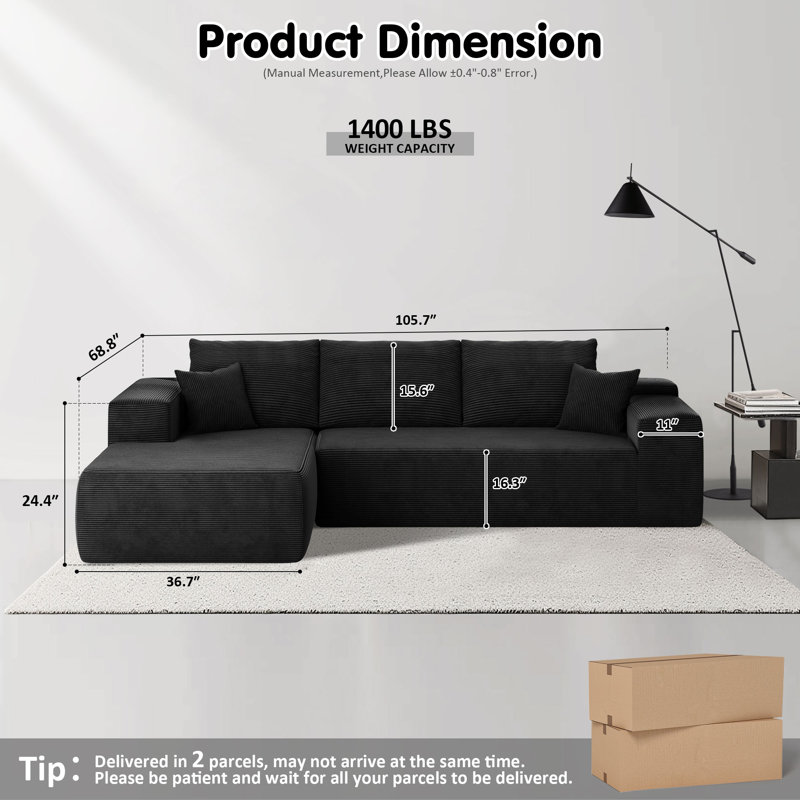 Canapé modulaire Nathasa 2 pièces sans assemblage avec compression, canapé désossé à revêtement libre avec méridienne en L, canapé modulaire à assise profonde pour le salon et la chambre à coucher