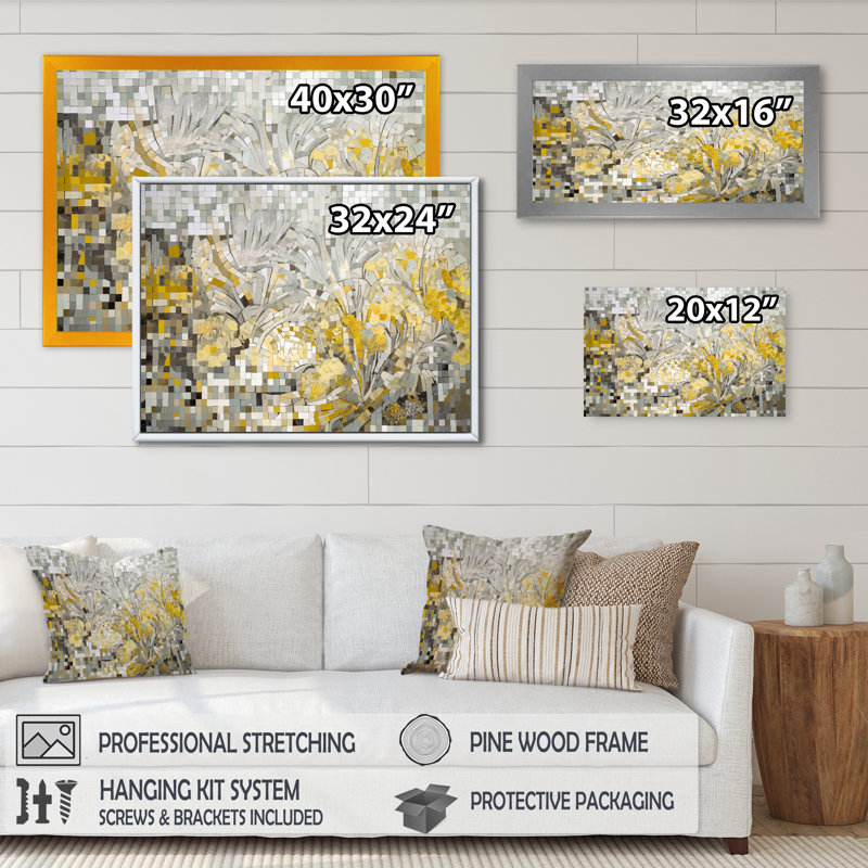 Kameia jaune et crème Bohemian Medley I - art mural mosaïque bohème, H 12 po x l 20 po x P 1 po, Cadre flottant érable