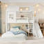 Lit superposé simple au dessus d'un lit double en bois massif avec tablettes, garde-robe et glissade-355027558-364566858