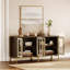 Modern Glass Sideboard Cabinet - Leather Texture, Metal Legs, Soft-Close Hinges, Extra Deep Storage For 16" Dinner Plates, Dining Room Buffet