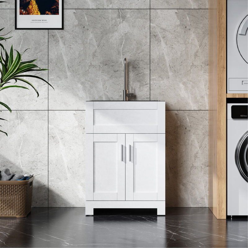 Armoire de baignoire à lessive polyvalente avec lavabo et robinet en acier inoxydable Gerit, conception durable et fonctionnelle.