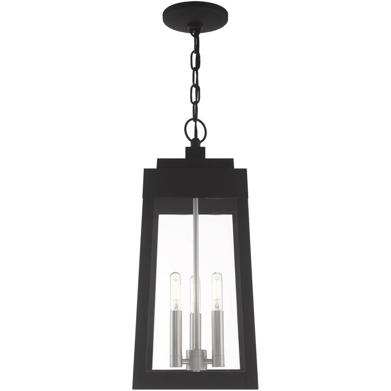 Lanterne suspendue d'extérieur 3 lumières avec abat-jour en verre transparent, Noir / nickel