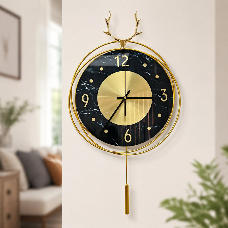 Horloge murale verticale verticale dorée et noire à pendule, horloge décorative moderne de 22 po pour la maison, le bureau, le salon, la chambre à coucher