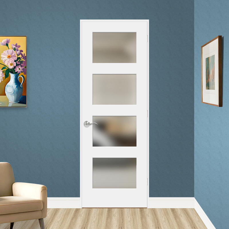 Porte pré-percée en verre trempé givré et en bois manufacturé blanc apprêté de 80 po de hauteur et de 80 po de hauteur, Oui