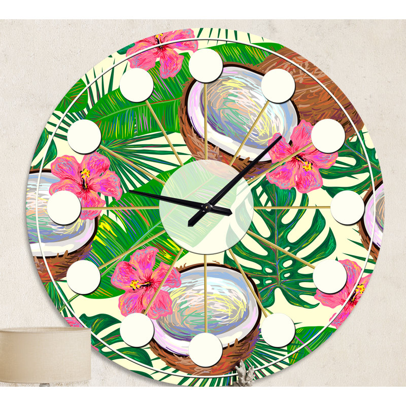 Horloge murale moderne Mid-Century Tropical Cooconut and Jungle Flowers, Moyenne