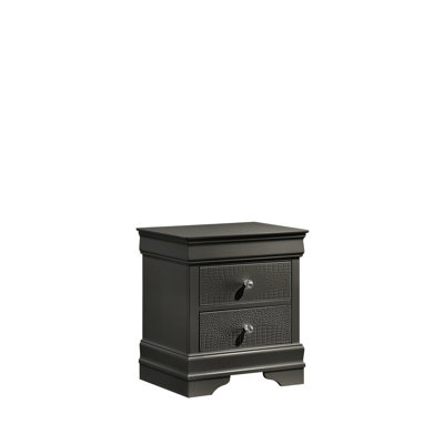 Table de chevet à 2 tiroirs avec finition gris métallique, fabrication en bois, aspect texturé et poignées scintillantes pour table de chevet, moderne, fabriquée,