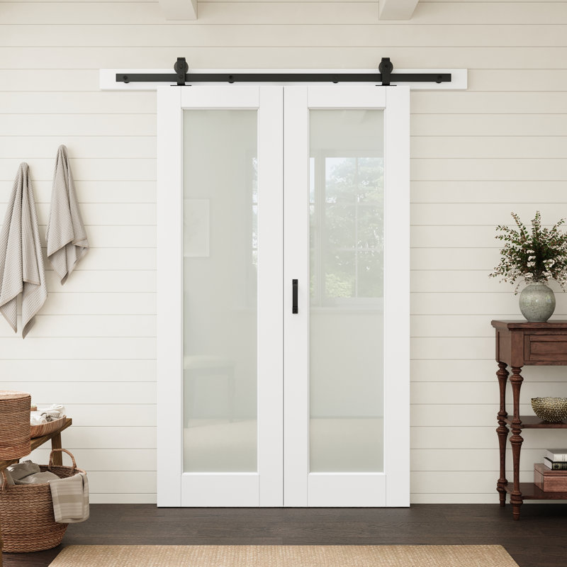 Porte vitrée pleine hauteur blanche de 122 x 203 cm avec porte pliante de style grange et quincaillerie incluse, idéale pour un garde-manger ou une chambre.