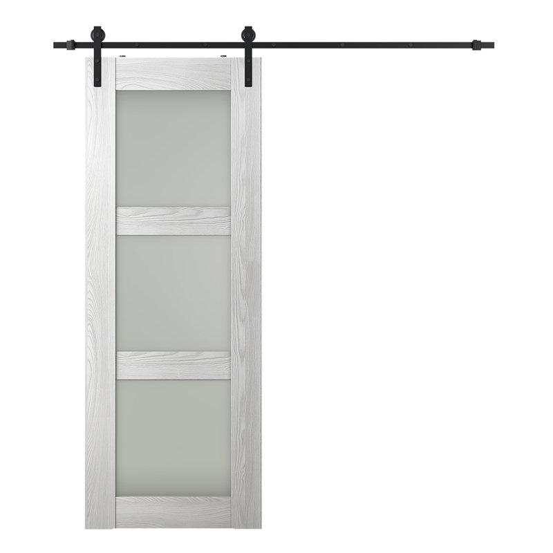 Porte de grange préfinie à panneaux en bois manufacturé Avon 3 Lite, Chêne Veralinga, 31,75 po x 83,23 po