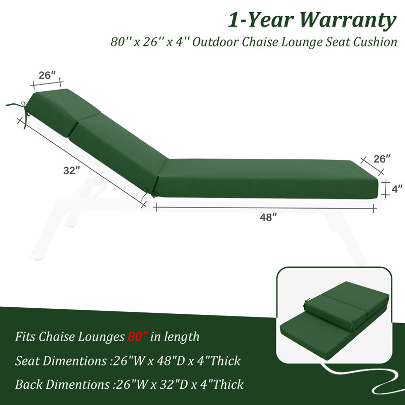2-Piece Outdoor Chaise Lounge Chair Cushion, 80"X26"X4", Green