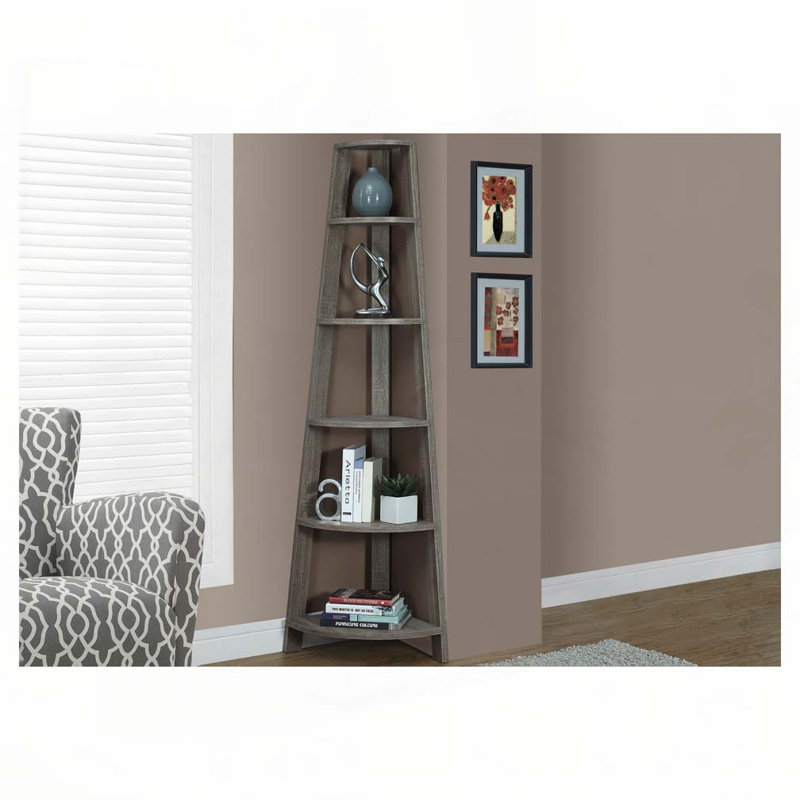 Bibliothèque, bibliothèque, étagère, d'angle, 5 niveaux, H 72 po, bureau, chambre à coucher, stratifié brun, contemporain, moderne