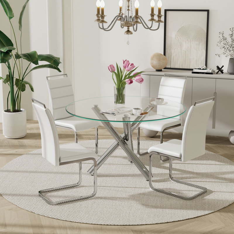 Ensemble de salle à manger à piédestal rond 5 pièces, Argent, Blanc / argent