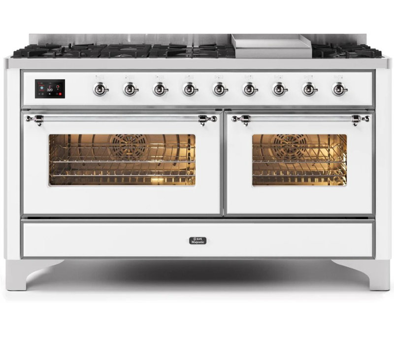 ILVE UM15FDNS3BGG Majestic II 60 inch Dual Fuel Range with 9 Burners, Griddle (Natural Gas, Triple Glass Door, Blue Grey, Brass)
