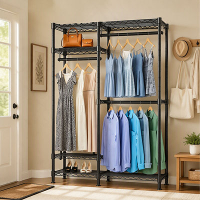 Heavy Duty Clothes Rack and Freestanding Closet Organizer, Portable Metal Clothing Rack, Adjustable Wire Shelving with 6 Shelves and 3 Clothes Rails, Black