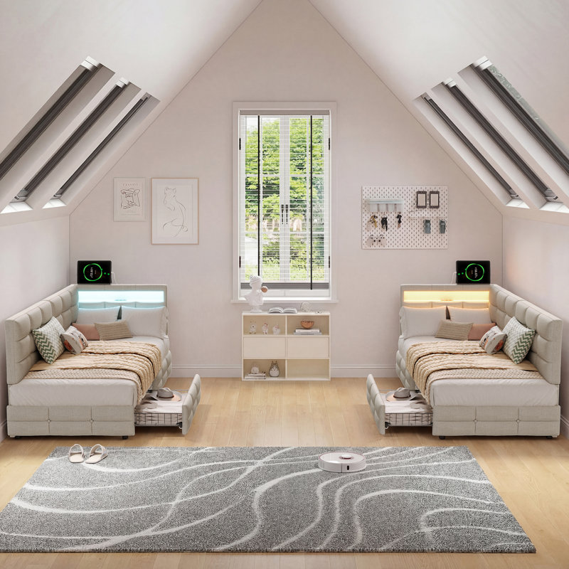 Upholstered Daybed with 2 Storage Drawers, 90 x 200 cm, Beige