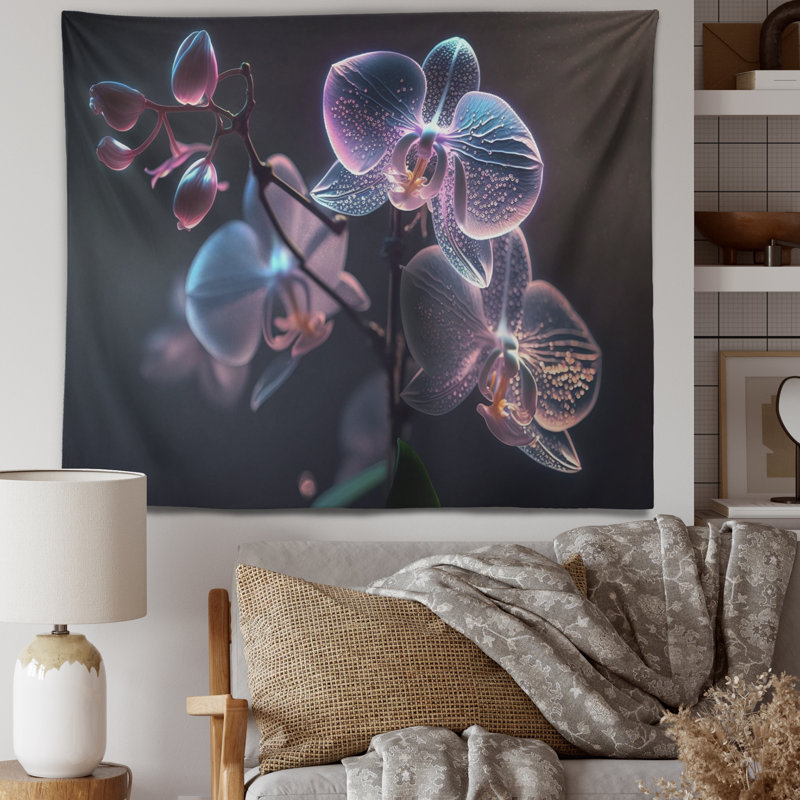 Polyester orchidée blanche florissante en mauve luminescent avec des punaises, H 32 po x l 39 po