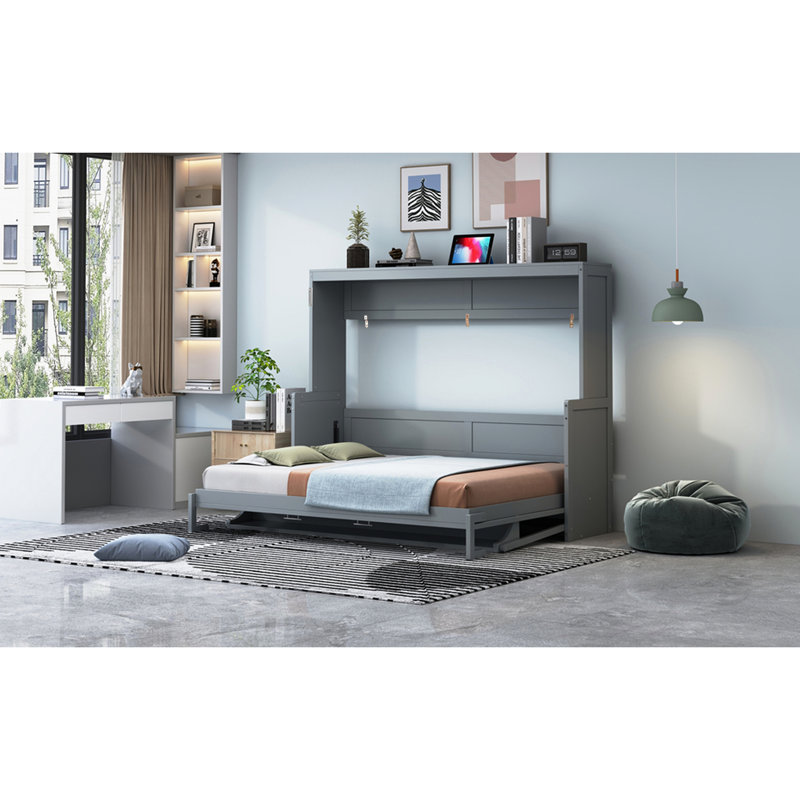 Lit double, couleur grise, bureau pliable par système hydraulique, adapté aux petits appartements, capacité de 600 lb, Gris