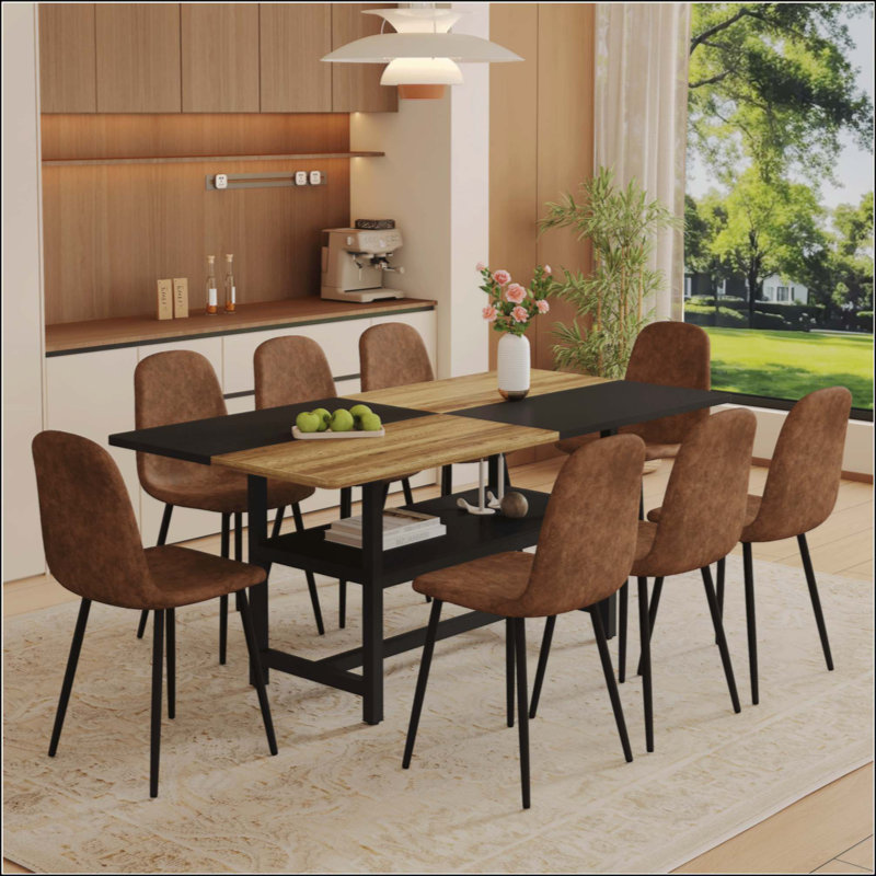 Table de salle à manger spacieuse avec rangement et 8 chaises confortables en tissu technique, parfaites pour les réunions de famille et les réceptions.