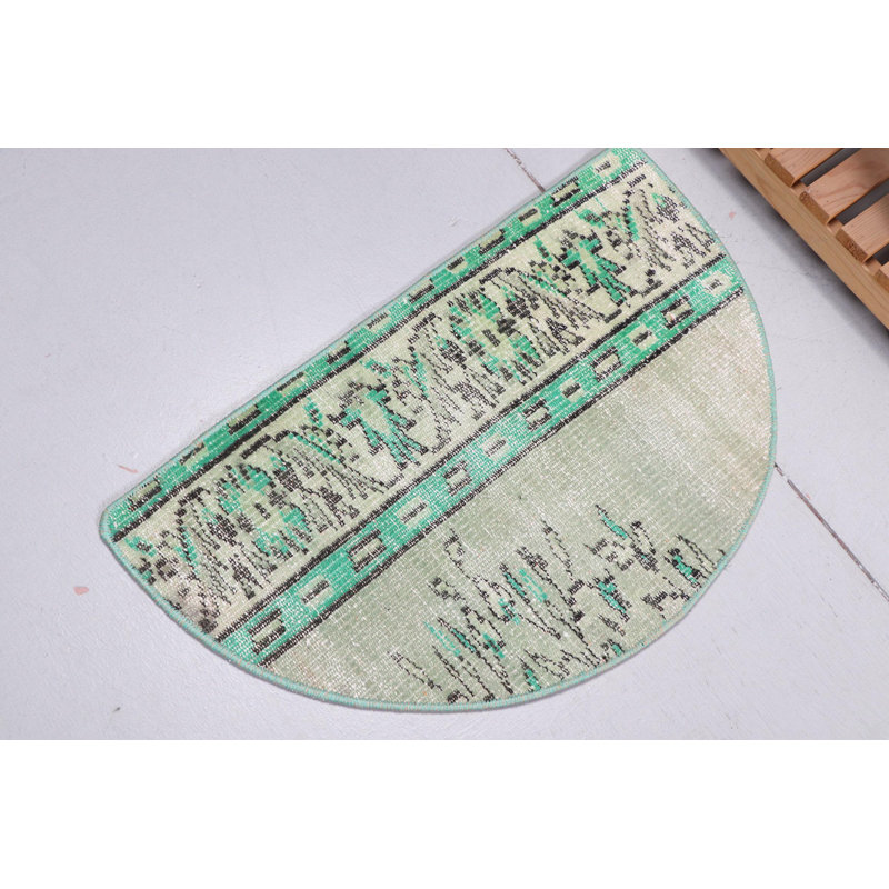 Vintage Oushak Round Rug in Green Moroccan Design - Ideal for Entryway or Front Door