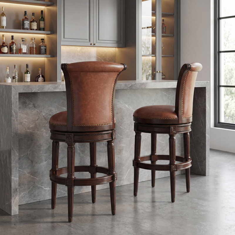 Tabouret de bar pivotant en bois massif Ted, Siège en similicuir brun clair / structure en noy, 2